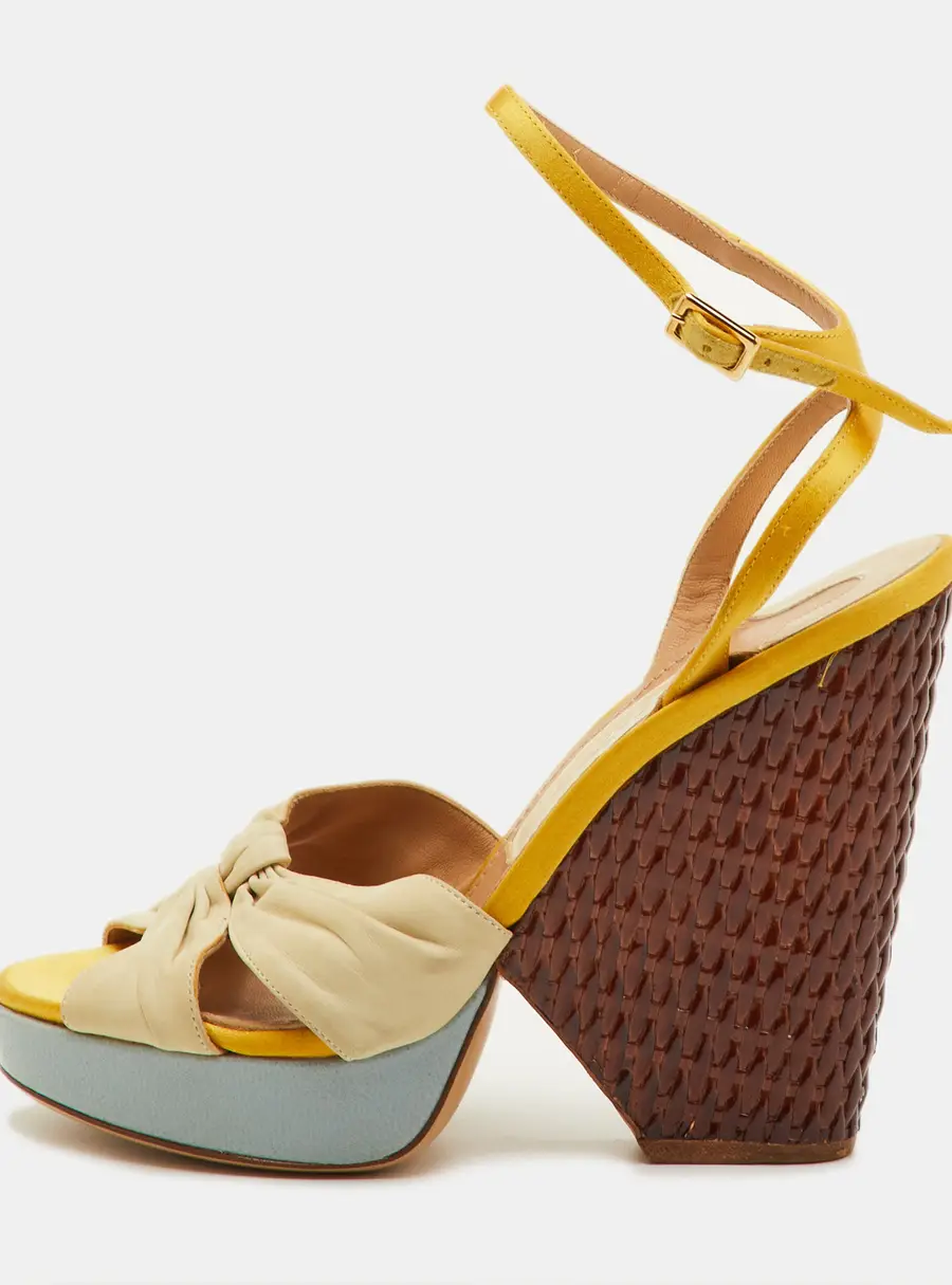 Salvatore Ferragamo Luna Size 36.5 Multicolor Leather and Satin Platform Wedge Sandals