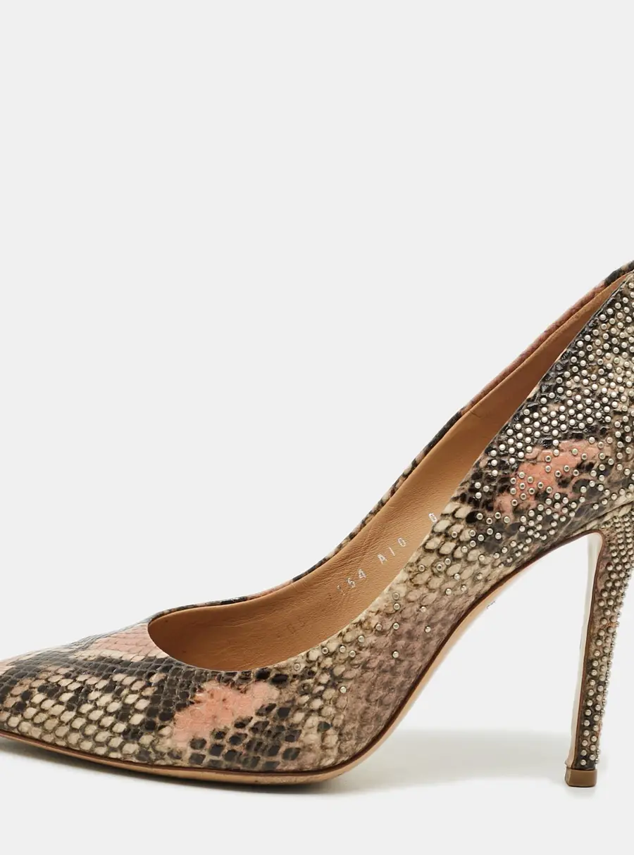 Salvatore Ferragamo Size 38.5 Multicolor Python Embossed Leather Lienna Studded Pumps