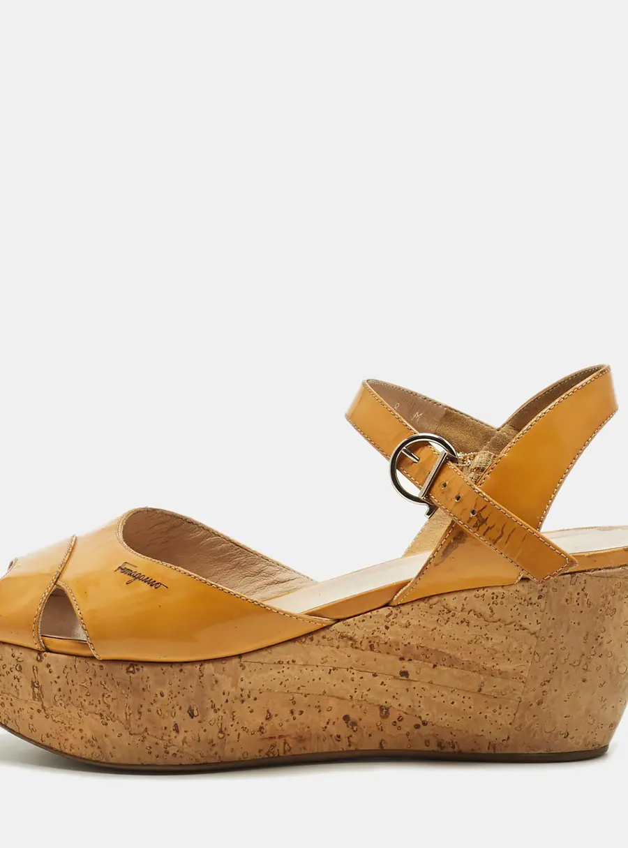 Salvatore Ferragamo Size 38.5 Yellow Patent Leather Cork Platform Ankle Strap Sandals