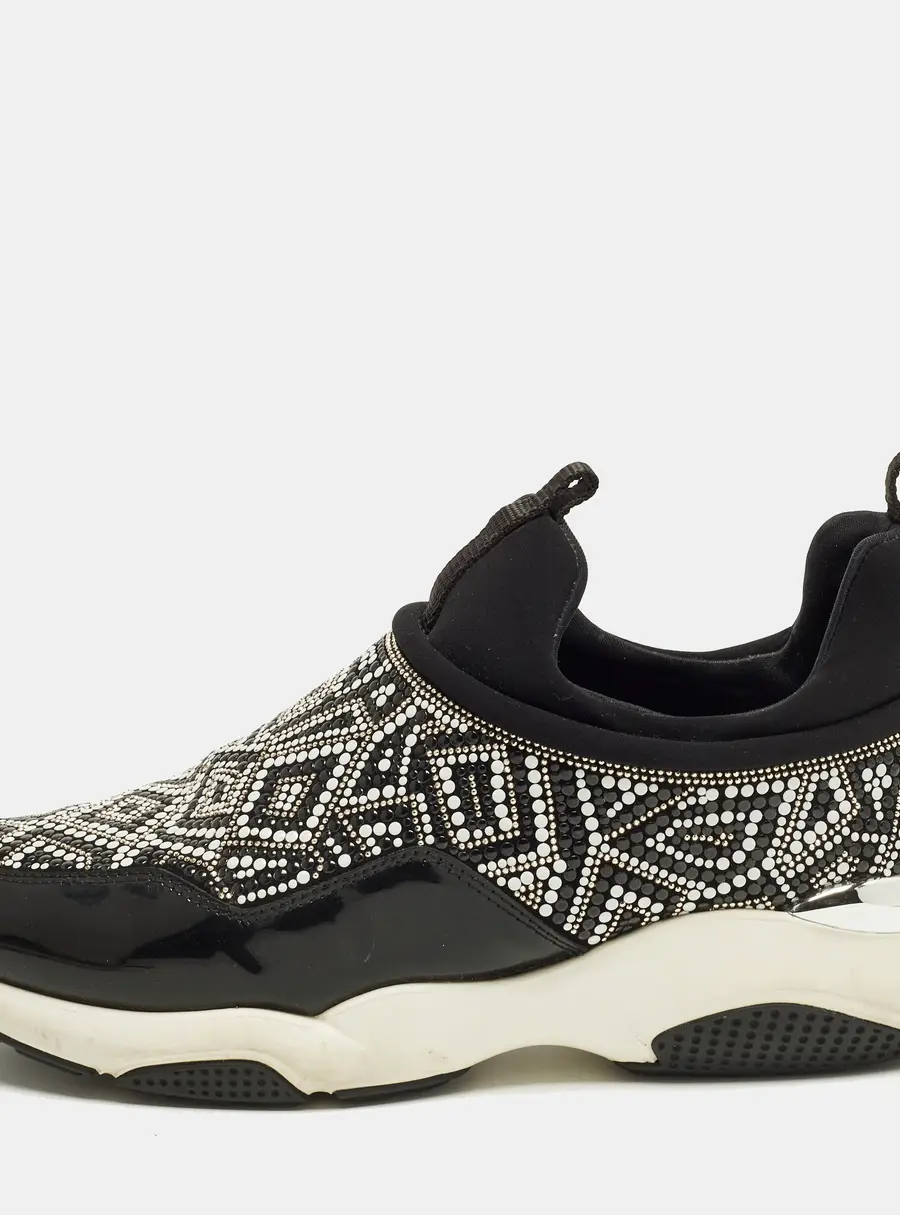 Salvatore Ferragamo Size 38.5 Black Neoprene and Patent Crystal Embellished Low Top Sneakers