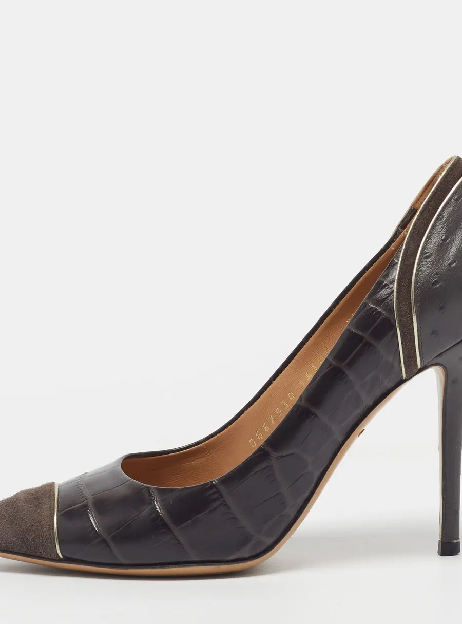 Salvatore Ferragamo Susi Patch Size 38 Tricolor Croc Embossed and Ostrich Embossed Pumps