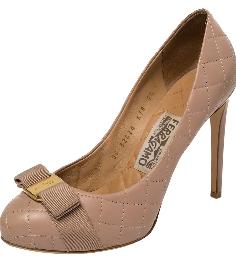 Salvatore Ferragamo Pink Quilted Leather Vara Bow Platform Pumps Size 38
