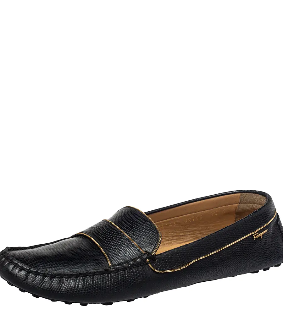 Salvatore Ferragamo Black Lizard Embossed Leather Slip On Loafers Size 40.5