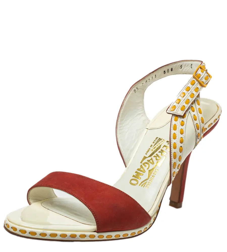 Salvatore Ferragamo Orange/White Patent And Leather Slingback Sandals Size 39.5