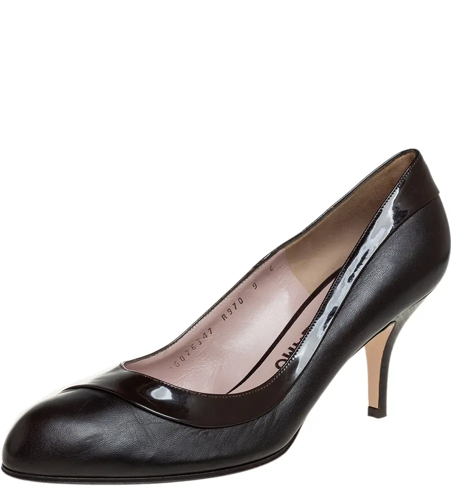 Salvatore Ferragamo Brown Leather and Patent Leather Pumps Size 39.5