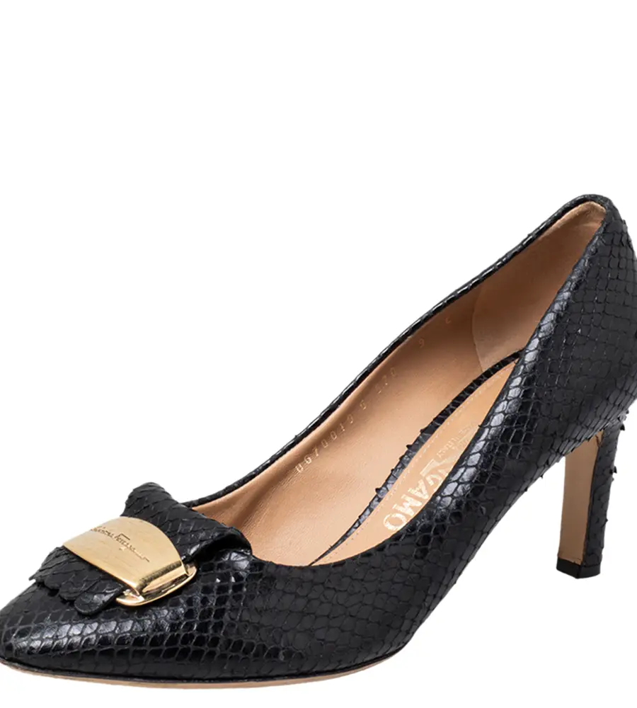 Salvatore Ferragamo Black Python Embossed Leather Logo Embellished Pumps Size 39.5