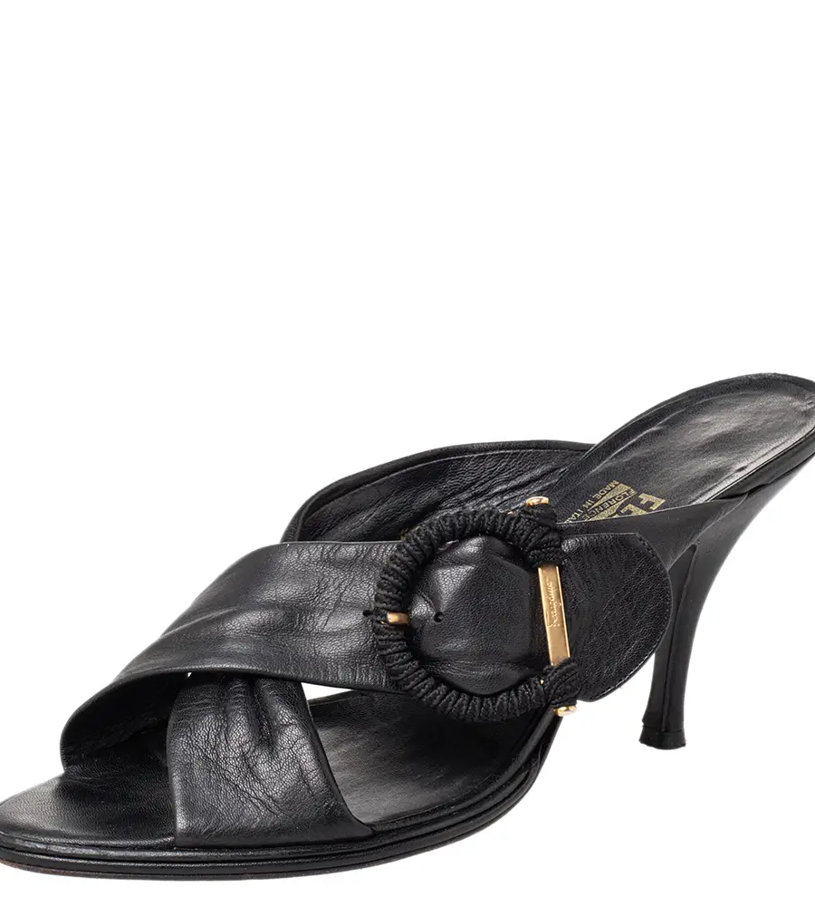 Salvatore Ferragamo Black Leather Mule Sandals Size 40.5