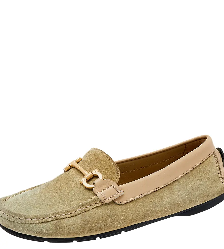 Salvatore Ferragamo Green/Beige Suede And Leather Gancini Bit Slip On Loafers Size 39.5