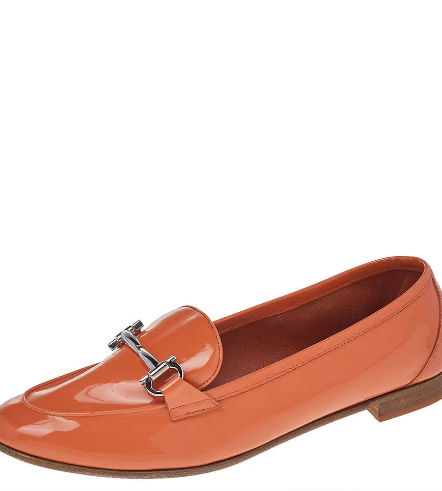 Salvatore Ferragamo Orange Patent Leather Funes Gancio Bit Loafers Size 40.5