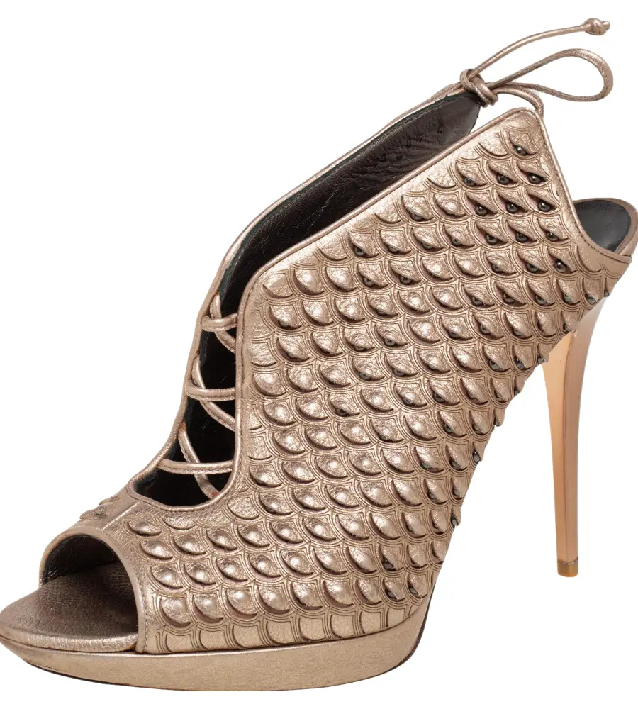 Salvatore Ferragamo Metallic Beige Python Embossed Leather Studded Slingback Sandals Size 39