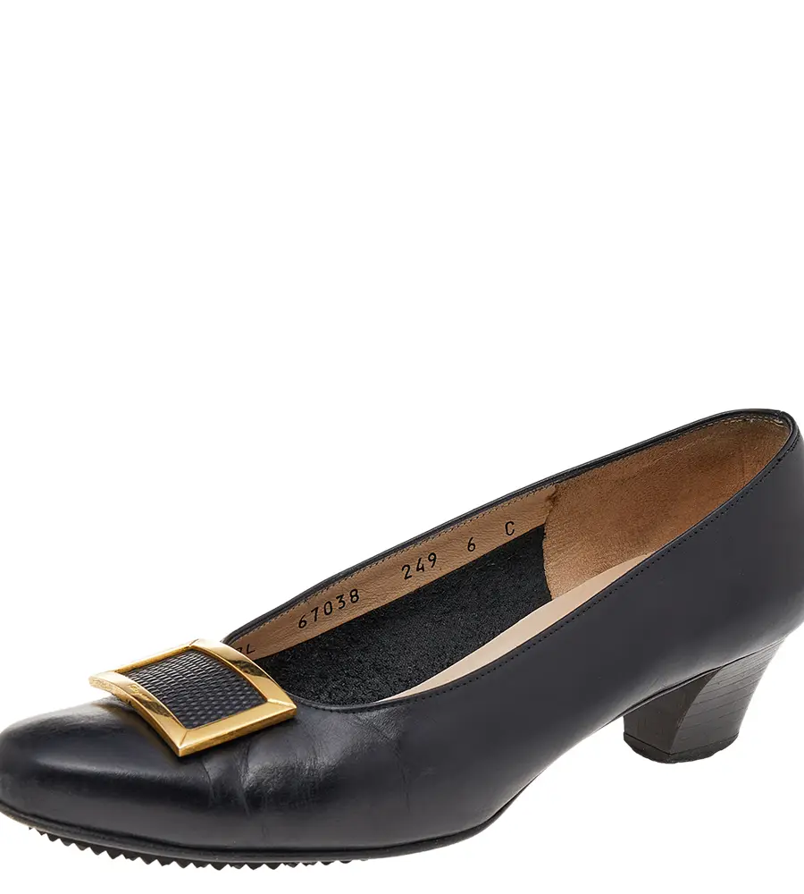 Salvatore Ferragamo Size 36.5 Black Leather Block Heel Pumps