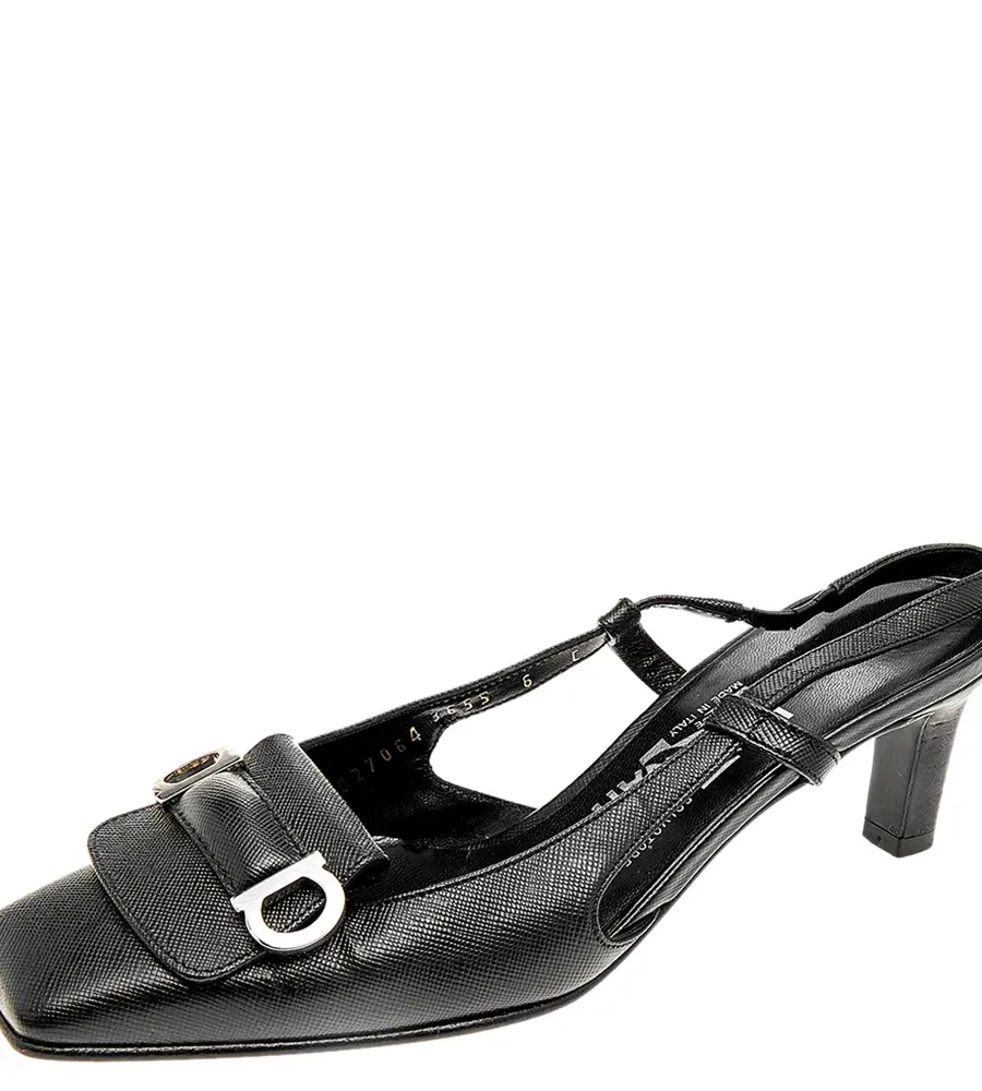 Salvatore Ferragamo Black Saffiano Leather Buckle Detail Slingback Sandals Size 36.5