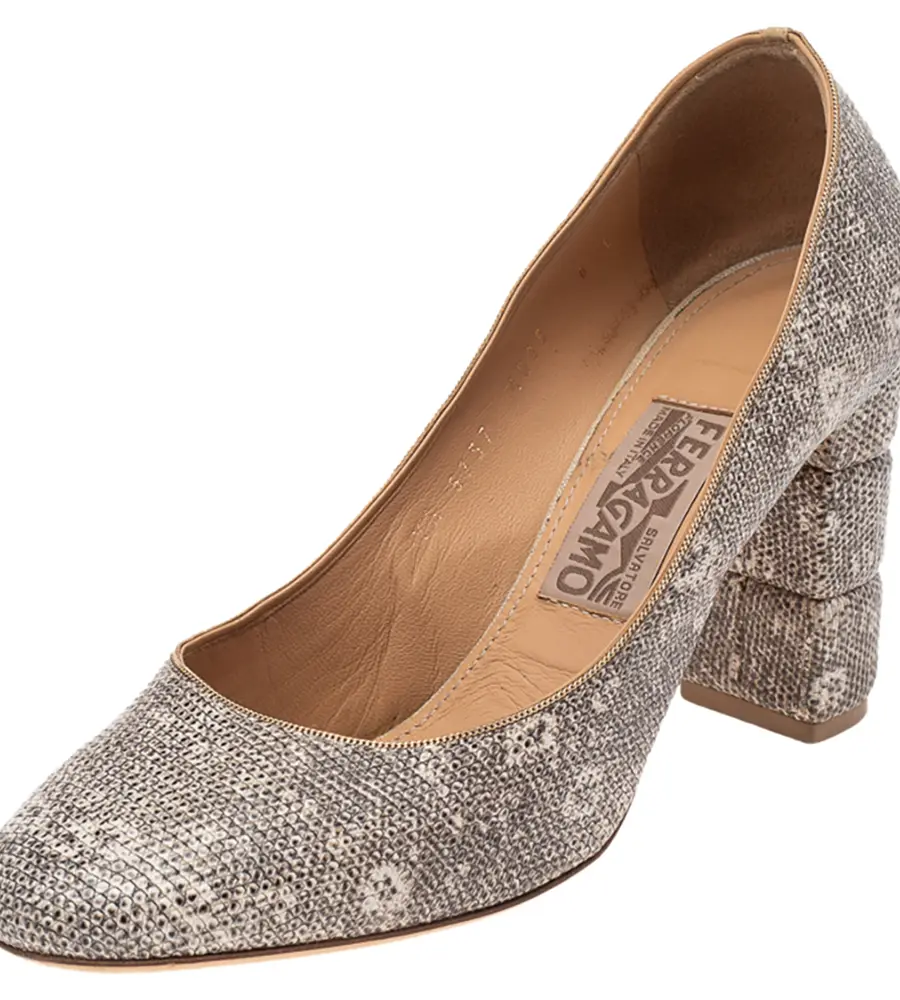 Salvatore Ferragamo Two Tone Lizard Embossed Leather Block Heel Pumps Size 38.5