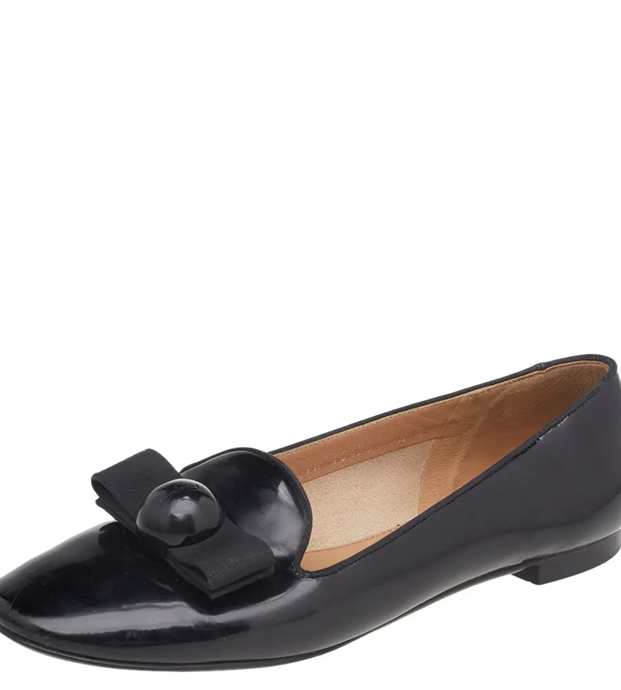 Salvatore Ferragamo Black Patent Leather Bow Smoking Slippers Size 37