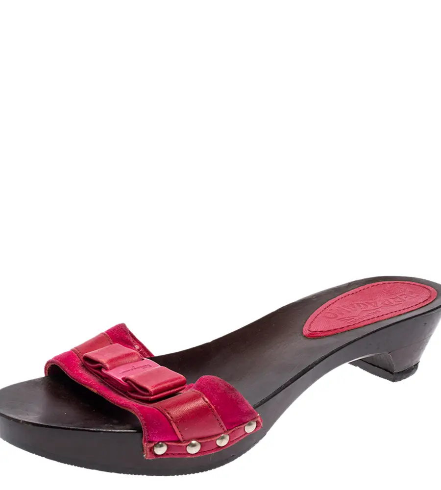 Salvatore Ferragamo Magenta Suede and Leather Vara Bow Slide Sandals Size 36