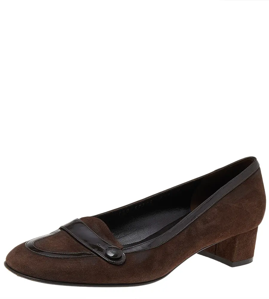 Salvatore Ferragamo Dark Brown Suede And Patent Leather Block Heel Pumps Size 38.5
