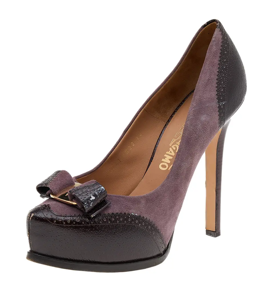 Salvatore Ferragamo Purple/Brown Leather And Suede Vara Bow Pumps Size 40.5