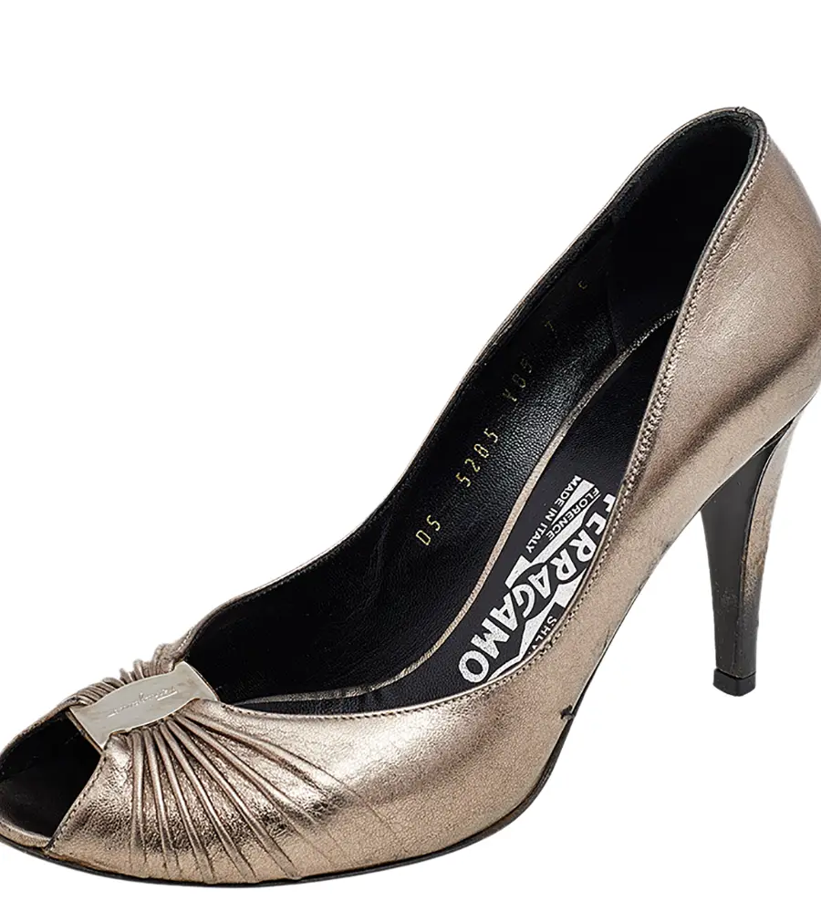 Salvatore Ferragamo Metallic Grey Leather Peep Toe Pumps Size 37.5