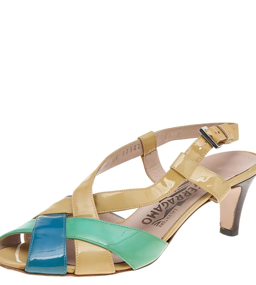 Salvatore Ferragamo Size 37 Multicolor Patent Leather Ankle Strap Sandals