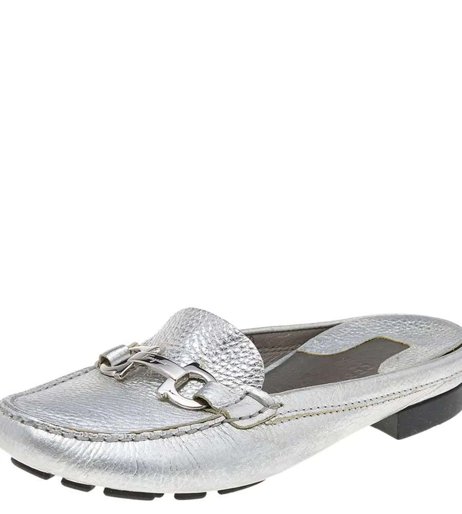Salvatore Ferragamo Silver Leather Gancini Slip On Mules Size 38.5