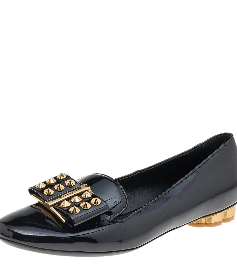Salvatore Ferragamo Black Patent Leather Smoking Slippers Size 36.5