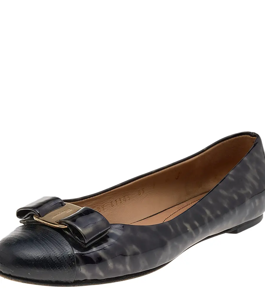 Salvatore Ferragamo Two Tone Patent Leather And Lizard Embossed Leather Cap Toe Vara Bow Ballet Flats Size 37.5