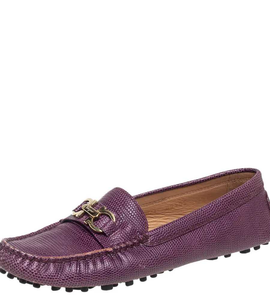 Salvatore Ferragamo Purple Lizard Embossed Leather Gancini Bit Loafers Size 36