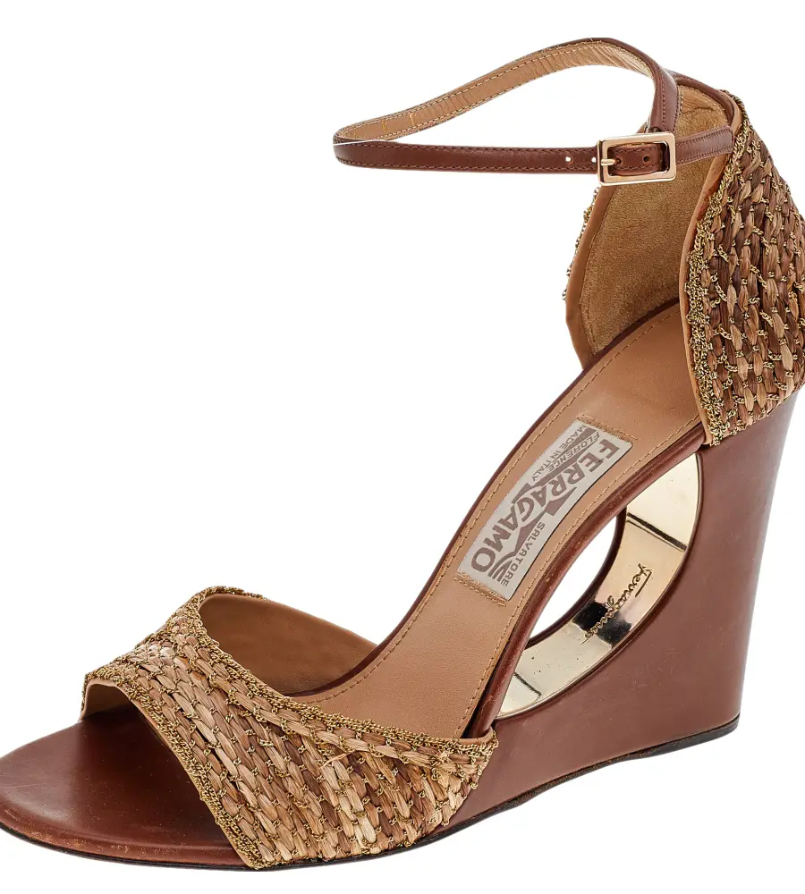 Salvatore Ferragamo Brown/Beige Woven Straw Chain Embellishment Sandals Size 38.5