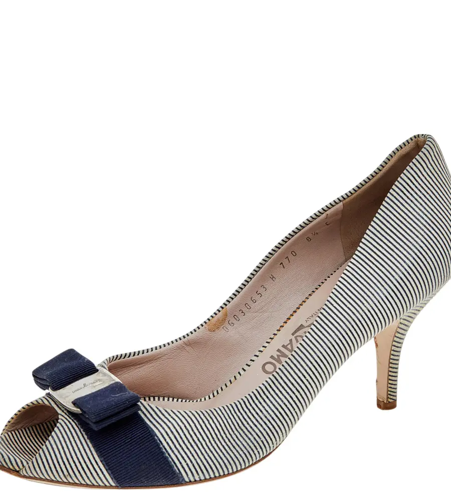 Salvatore Ferragamo Blue/White Canvas Vara Bow Peep Toe Pumps Size 39