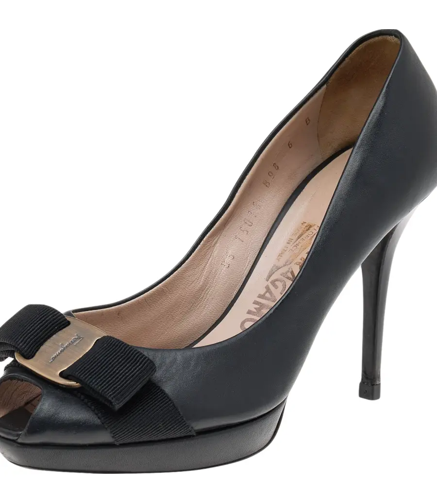 Salvatore Ferragamo Black Leather Vara Bow Peep Toe Pumps Size 36.5