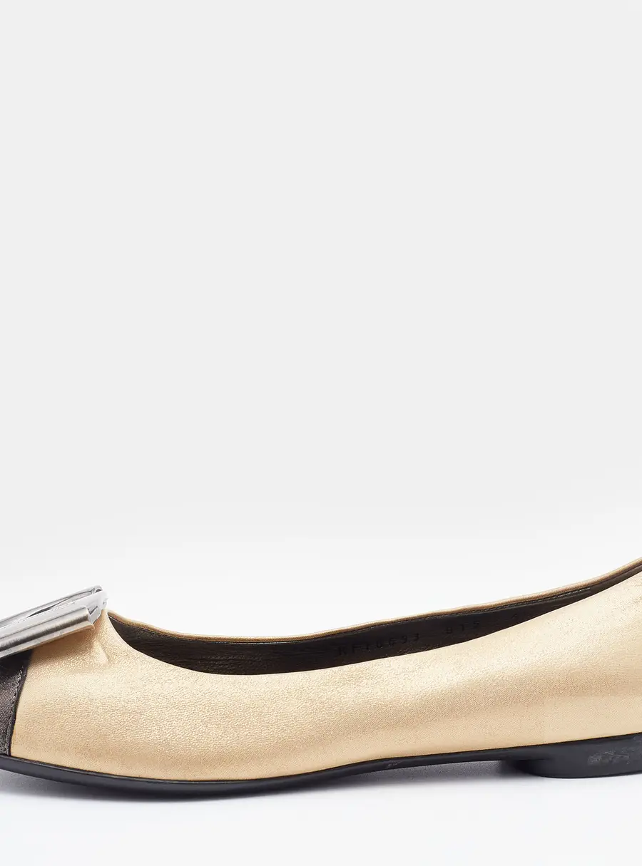 Salvatore Ferragamo Metallic Gold/Black Leather Cap Toe Metal Trim Ballet Flats Size 36
