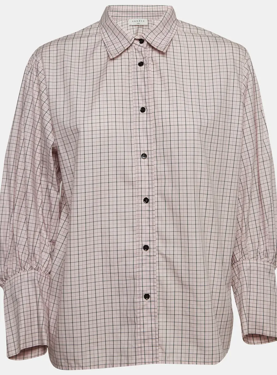 Sandro Pink Checkered Cotton Puff Sleeves Shirt L