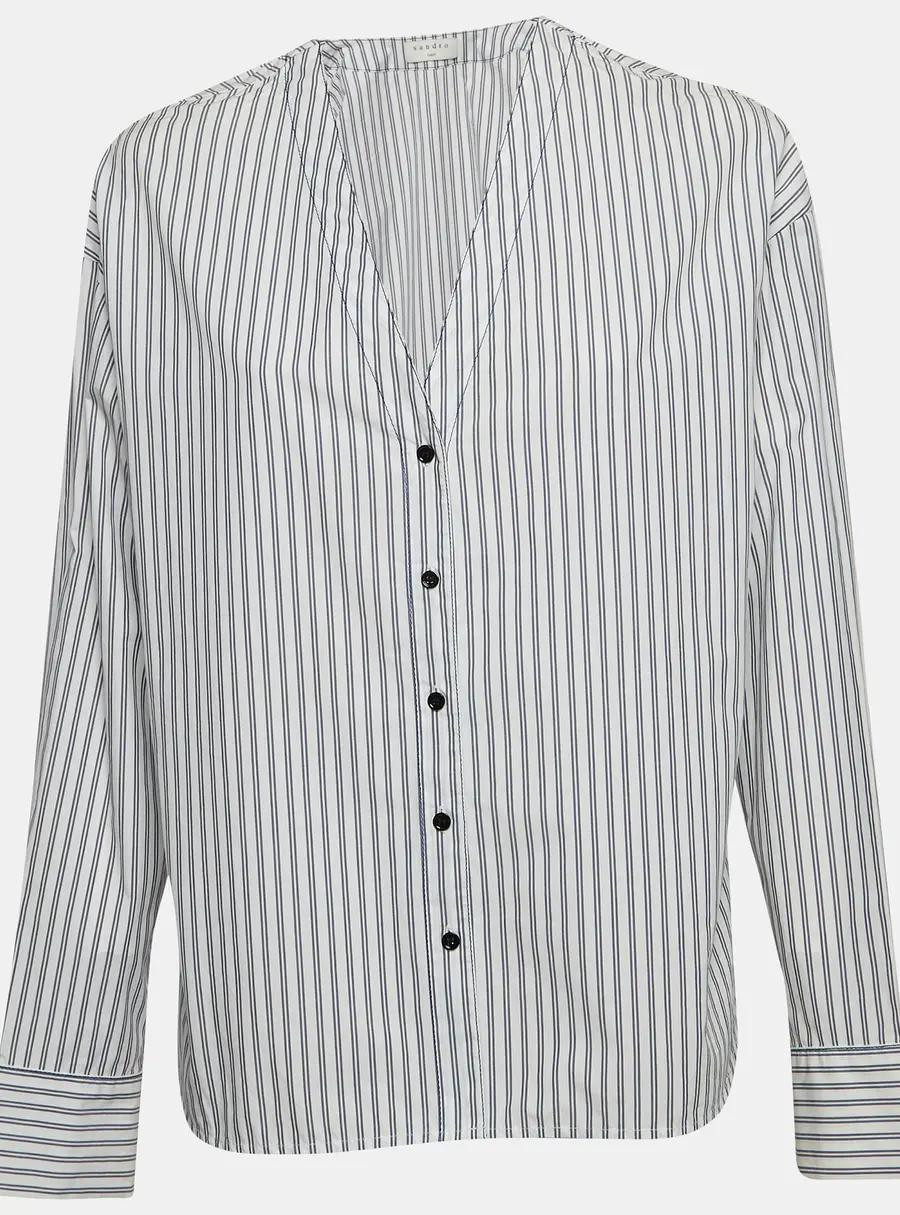 Sandro White Pinstripe V-Neck Top L