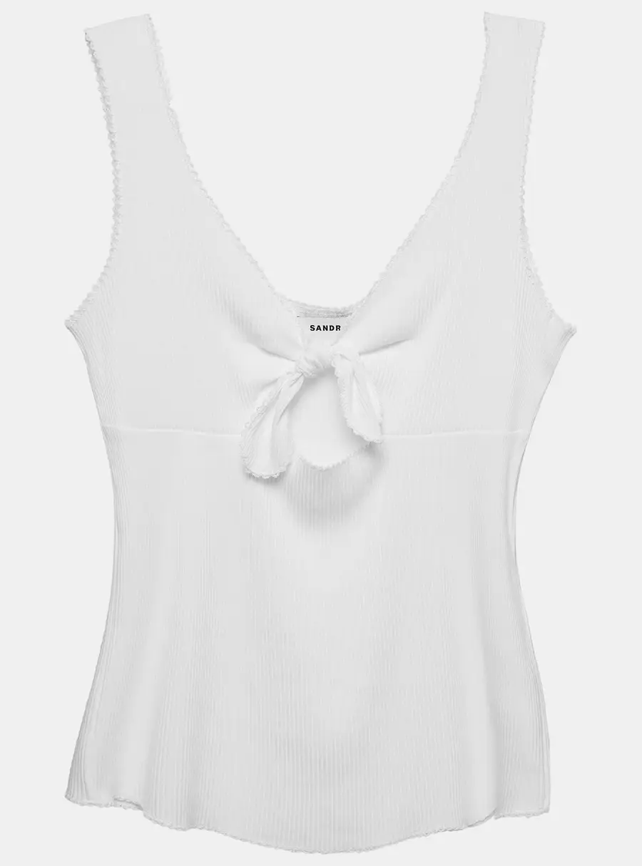 Sandro White Rib Knit Knotted Neck Sleeveless Top S