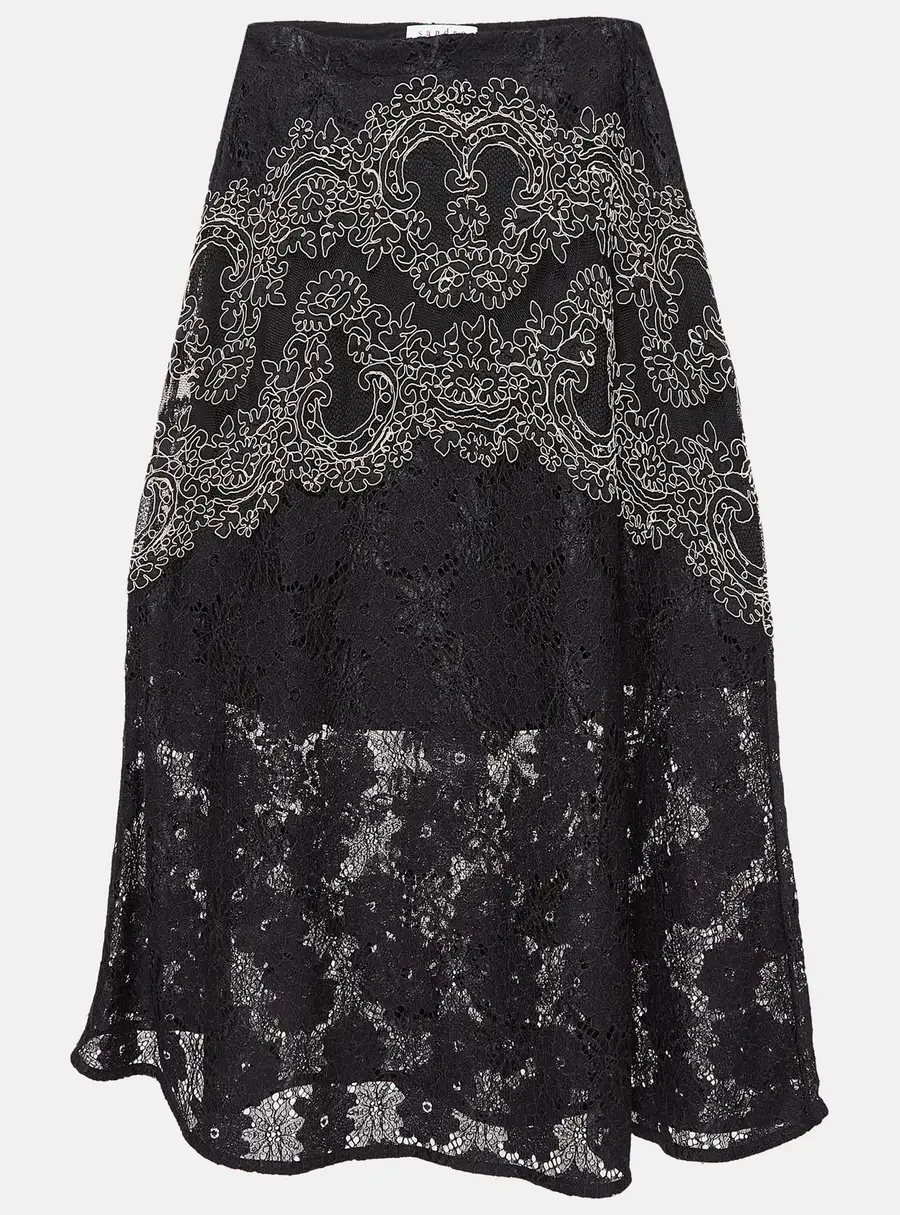Sandro Black Lace Embroidered Midi Skirt M