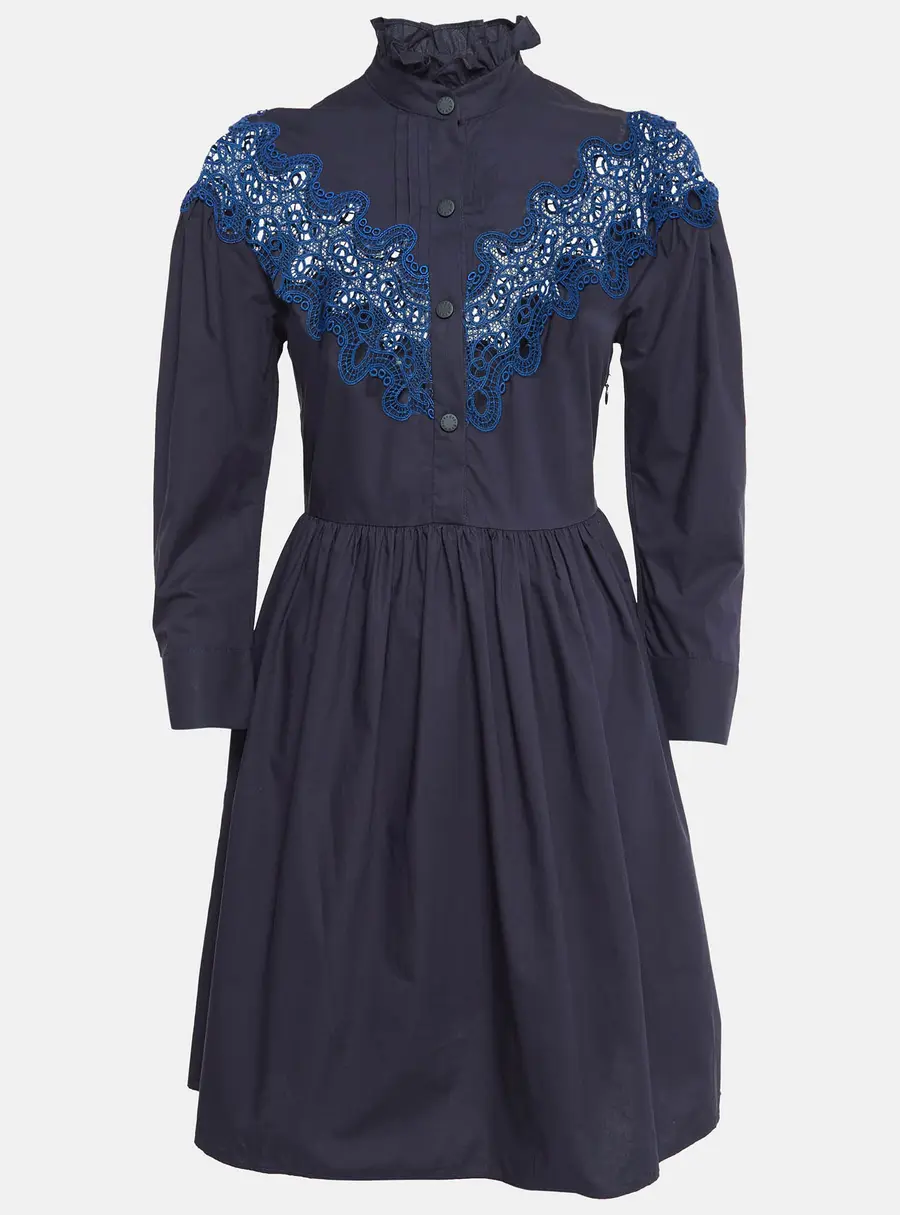 Sandro Navy Blue Cotton Lace Trim Ruffled Collar Mini Dress XS