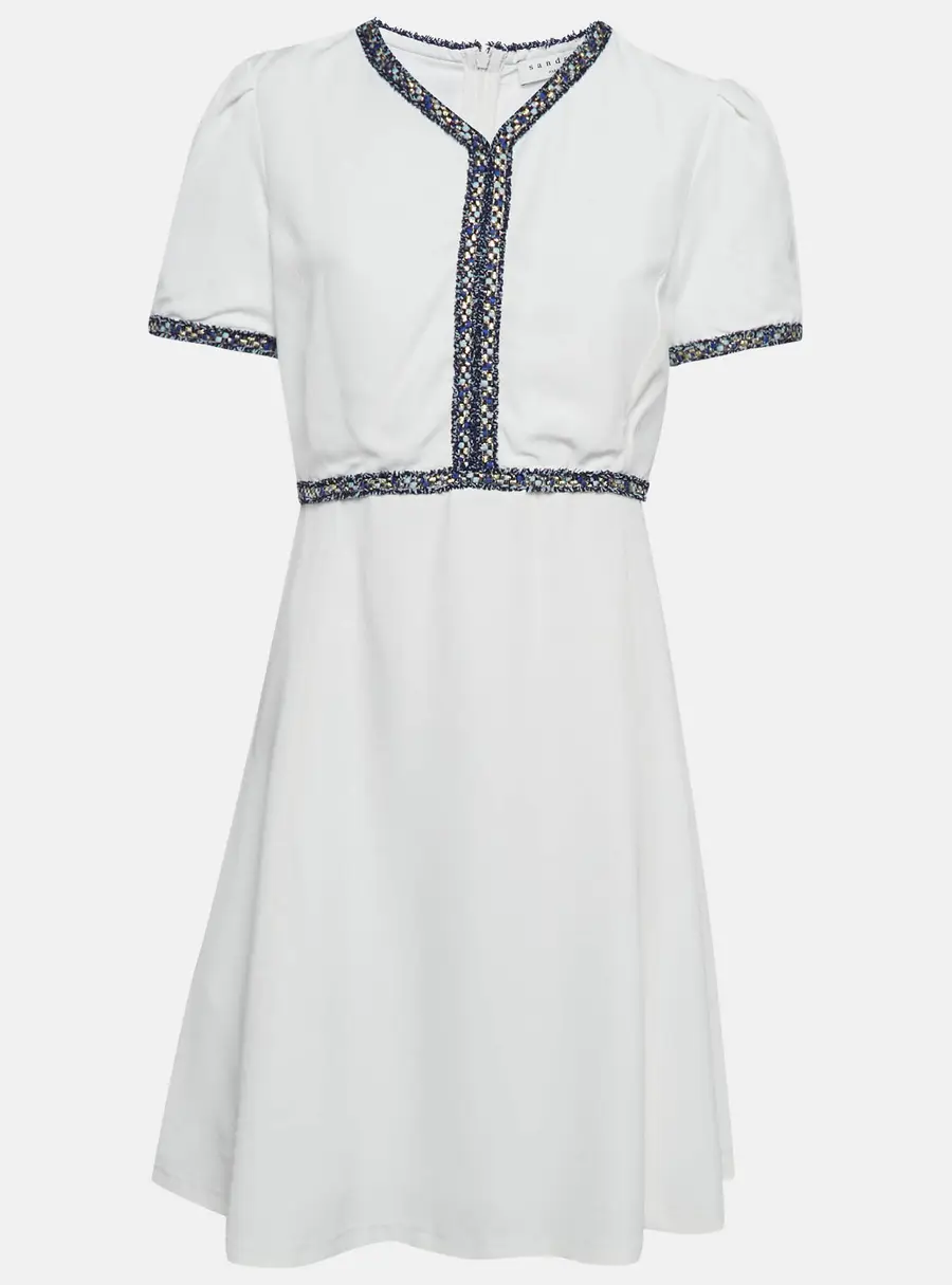 Sandro White Textured Crepe Trim Detail Mini Dress L