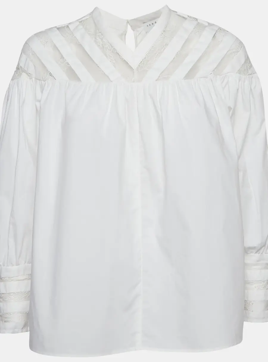 Sandro White Cotton Lace Trimmed A-Line Blouse L