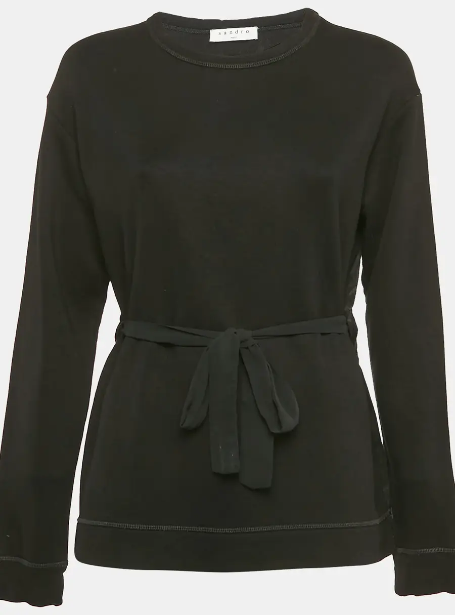 Sandro Black Knit and Satin Waist Tie-Up Detail Top M