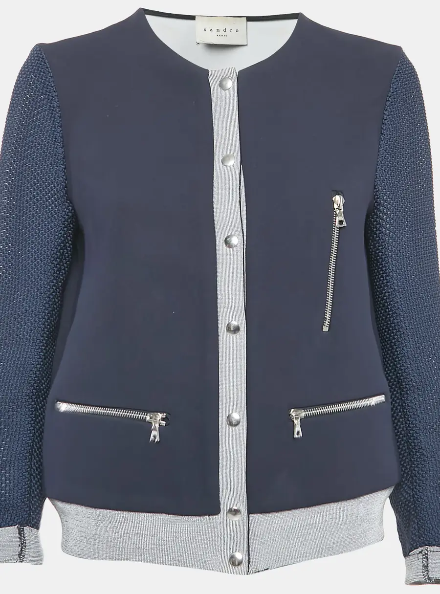 Sandro Navy Blue Crepe Zip-Up Contrast Trim Jacket L