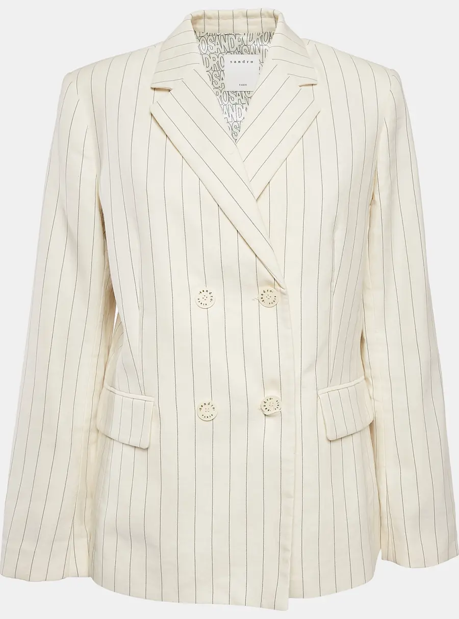 Sandro Off-White Striped Cotton Blend Double Breasted Blazer XL