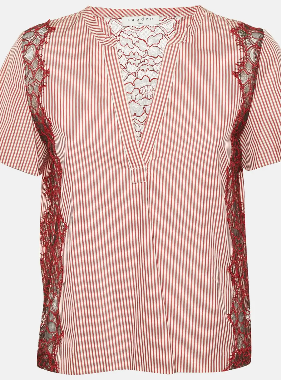 Sandro Red Stripe Cotton Lace Trimmed Top S