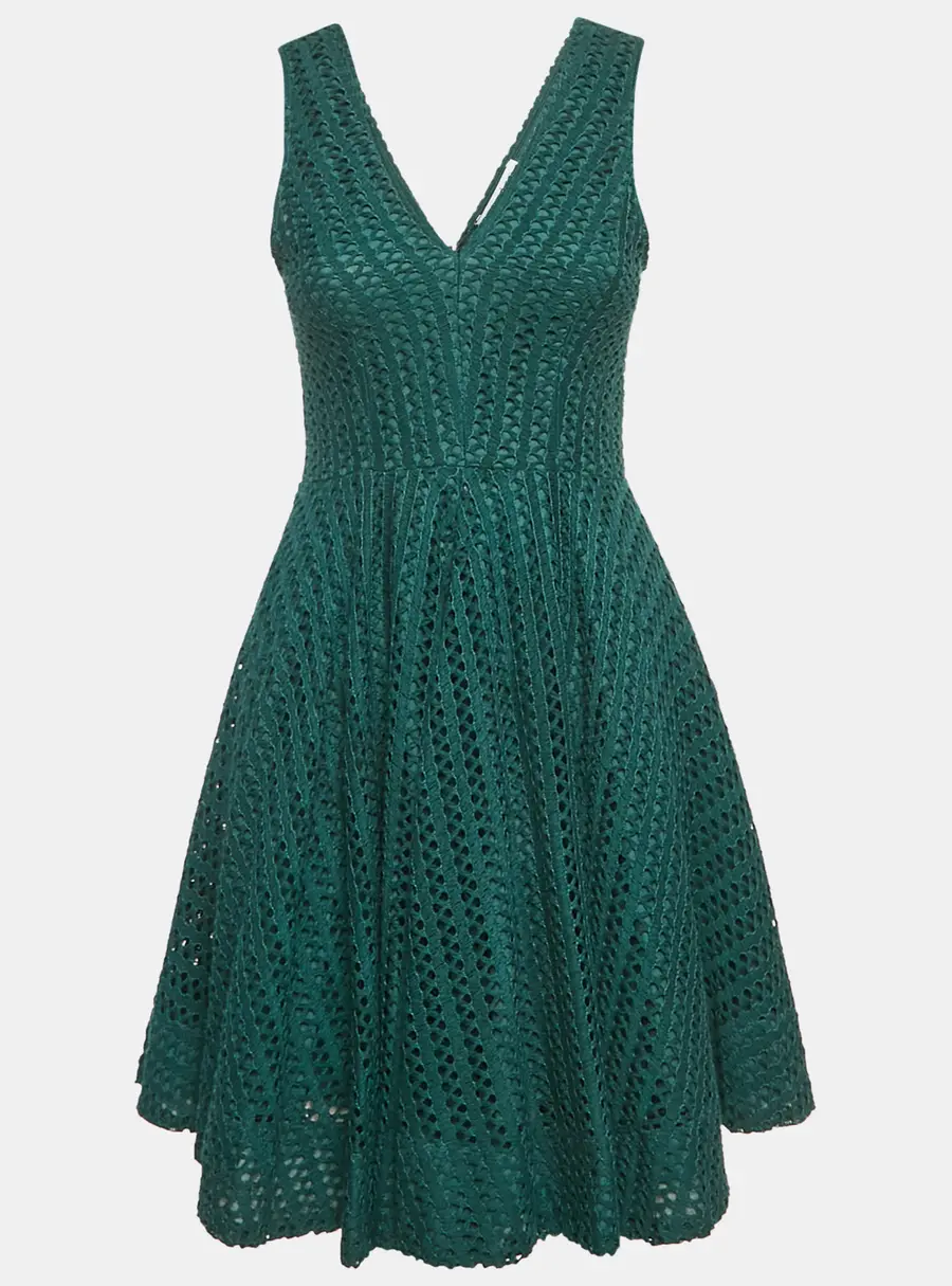 Sandro Green Crochet V-Neck Fit and Flare Mini Dress L