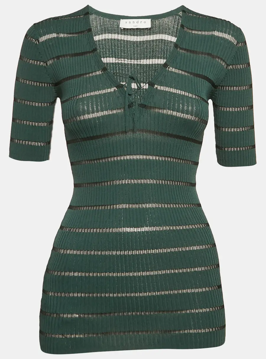 Sandro Green Striped Rib Knit Lace-Up Top S