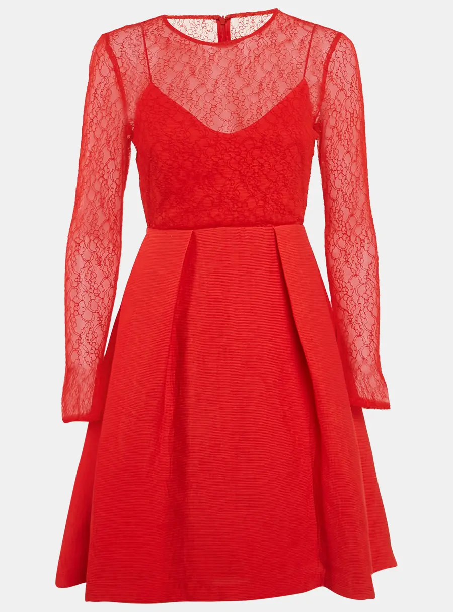 Sandro Red Lace and Textured Crepe Pleated Mini Dress XS