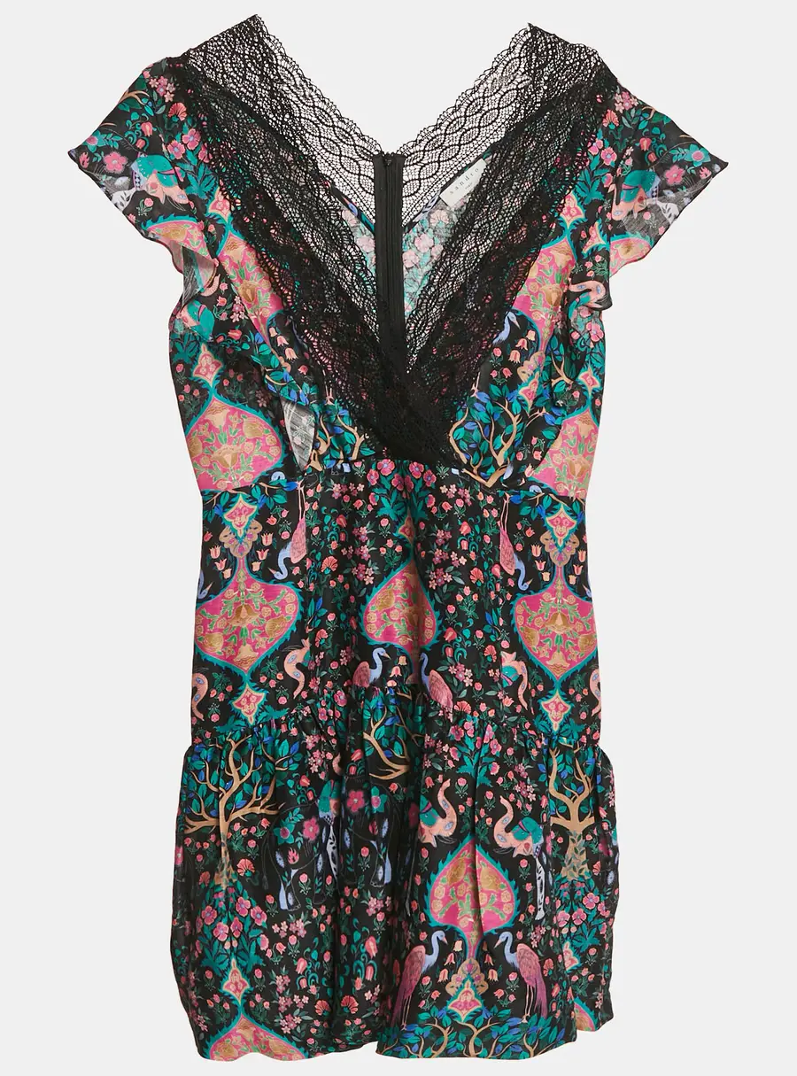 Sandro Multicolor Printed Ruffled Lace Trim Detail Mini Dress L