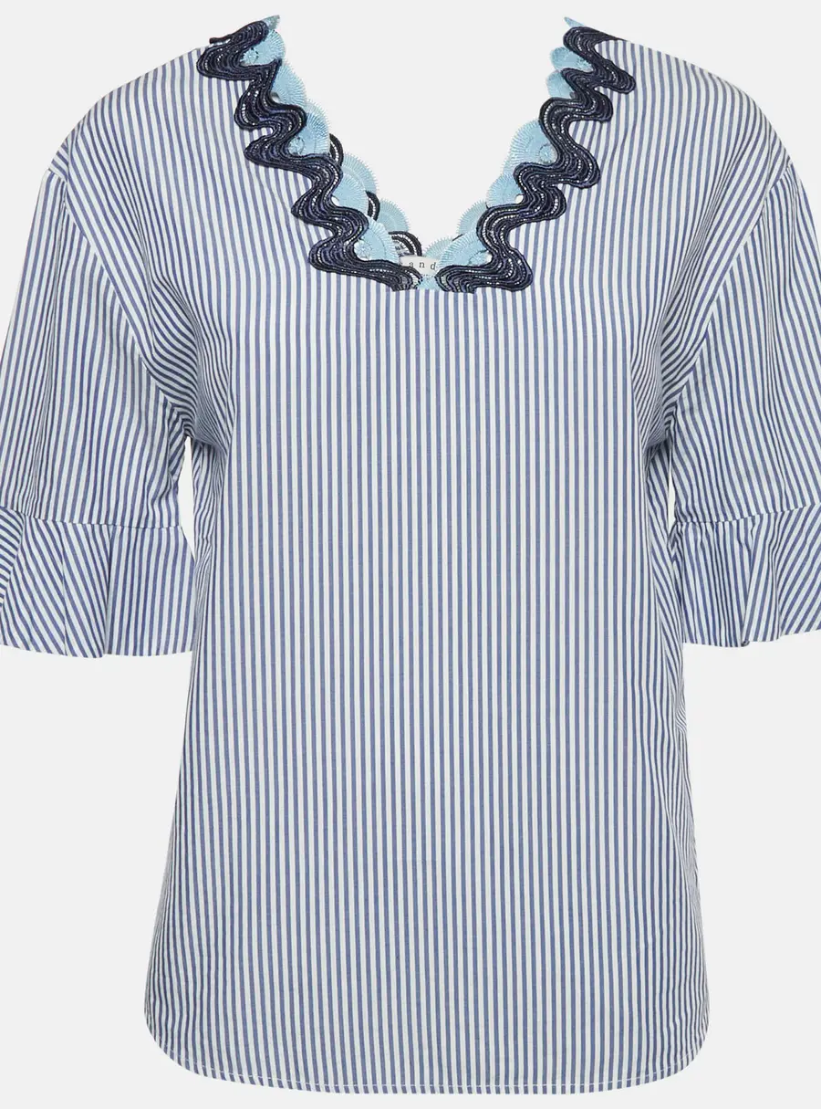 Sandro Blue Striped Cotton Neck Detail Blouse S