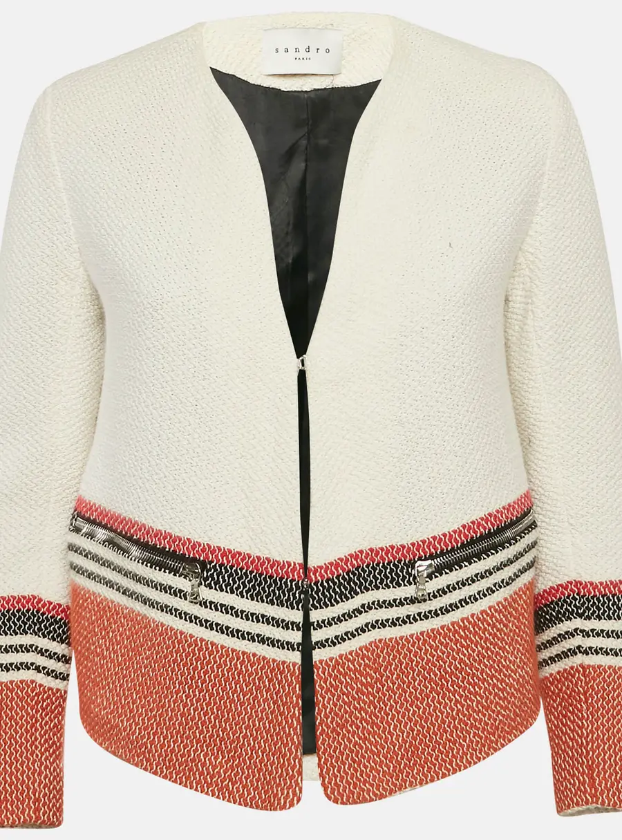 Sandro White Tweed Striped Hook Front Jacket M