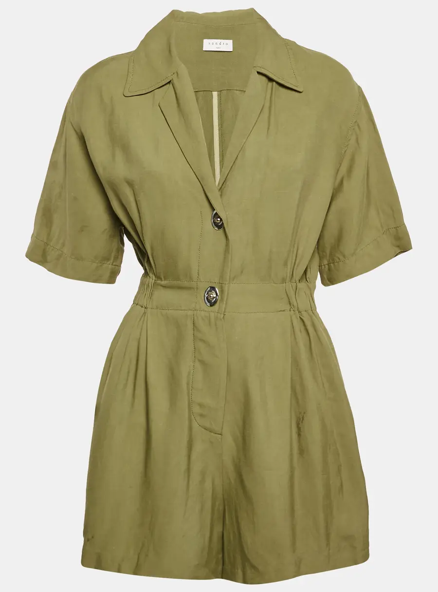 Sandro Khaki Green Linen Blend Turnlock Button Playsuit S