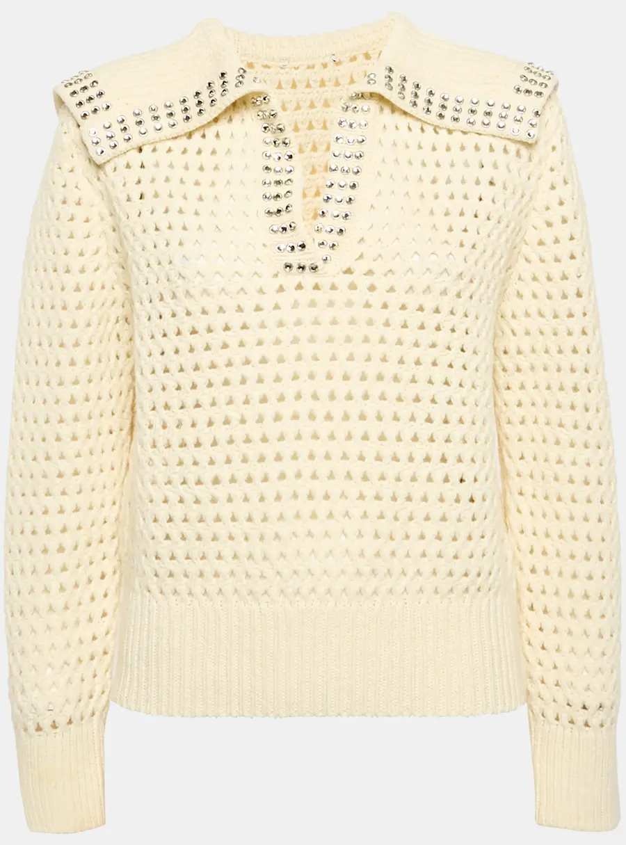 Sandro Cream Rhinestone Embellished Crochet Sweatshirt XS